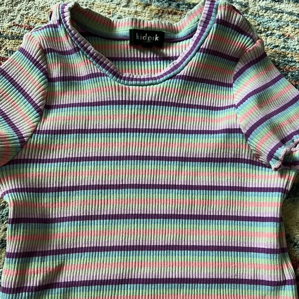 Ruffle detail sleeve and hem shirt sleeve striped shirt